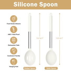 TeamFar Silicone Spoons, 2 Pcs Large Nonstick Kitchen Spoons, Heatproof Solid and Slotted Spoons for Cooking Mixing Serving Stirring, Healthy & Dishwasher Safe, White