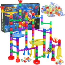 Gifts2U Marble Run Set for Kids 4+ - 122 PCS Race Track Game With 90 Translucent Pieces + 32 Glass Marbles, STEM Maze Building Blocks