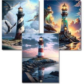 WUDWL Diamond Painting Kits for Adults - 3 Pack Lighthouse DIY 5D Diamond Art Kits Full Drill Diamond Dots Paintings with Diamonds Gem Art and Crafts Home Decor 12x16inch ﻿