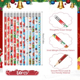 Tenare 60 Pcs Christmas Pencil with Eraser 12 Style Snowman Stocking Santa Claus Christmas Tree Reindeer Pencils Xmas Gift for Kid Student Xmas Stocking Fillers Stationery Party Favors (Vivid)