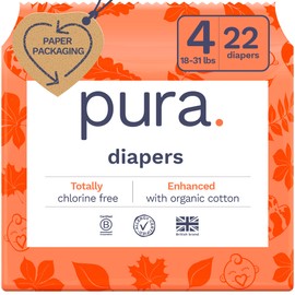 Pura Size 4 Eco-Friendly Diapers (18-31lbs) Totally Chlorine Free (TCF) Hypoallergenic, Soft Organic Cotton, Sustainable Comfort, up to 12 Hours Leak Protection, Allergy UK, 22 Diapers (Pack of 1)