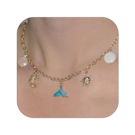 Layering Sea Shell Charm Necklace for Women - Dainty Gold Summer Boho Seashell Necklace with Moon, Sun, Hexagram & Cross Pendant - Beach Summer Jewelry Gift (Sea Shell Charm Necklace S2)