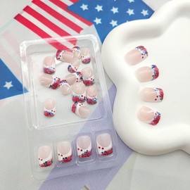 White French Tip Press on Nails 4th of July Fake Nails Short Square Nails Press ons Independence Glue on Nails Red Glitter Stars Blue Sequins False Nails July 4th Stick on Nails for Women 24Pcs