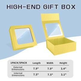 Gold Gift Box with Window,7.5"x7.5"x3.1" Bridesmaid Box for Gift Giving,Birthday Gift Box with Magnetic,Closure Lid Gift Box for Presents,Cute Box,Luxury for Gift Packaging,Gift Box for Wrapping Gifts