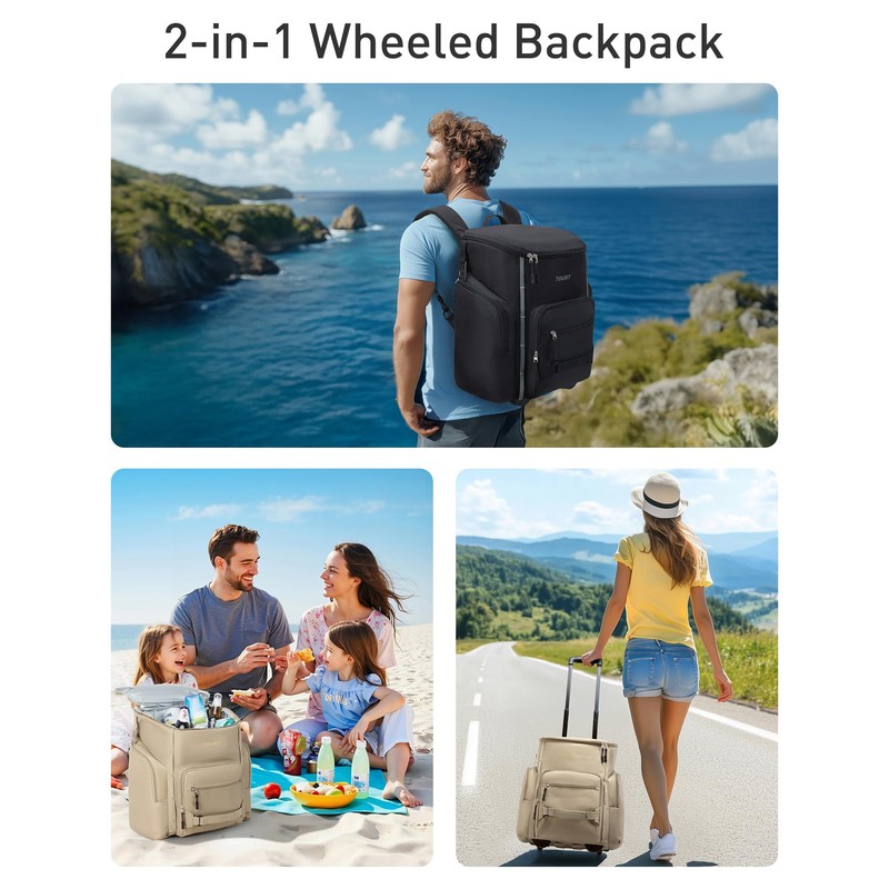 TOURIT Rolling Cooler Backpack: Leakproof Waterproof Insulated 36 Cans Beach
