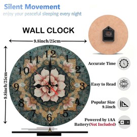 10-Inch Silent Wooden Wall Clock, Floral Clock Face Antique Design ” Silent Non-Ticking Clock, Battery Operated (AA Batteries Not Included), Artistic Home Decor