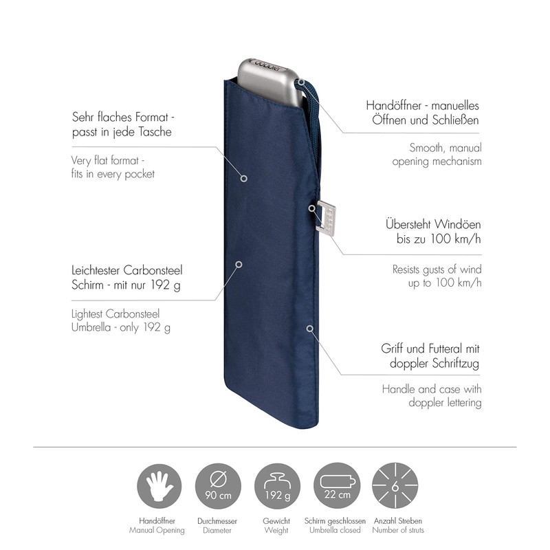 Doppler Carbon Steel Slim Plain Pocket Umbrella - Handy Format