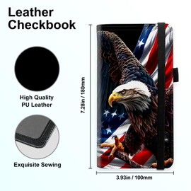 Tudguiloae Checkbook Cover for Women & Men, Leather Checkbook holder Personal Checkbook, RFID Blocking Duplicate Checkbook Cover Checkbook Wallet with Elastic Strap, American Flag Eagle