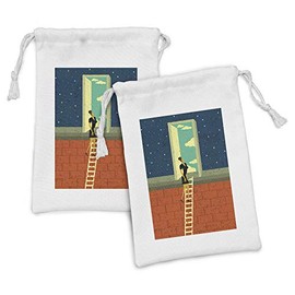 Ambesonne Retro Fabric Pouch Set of 2, Young Woman Climbing the Ladder Day in the Night Surreal Artwork with Distressed Look, Small Drawstring Bag for Toiletries Masks and Favors, 9" x 6", Multicolor