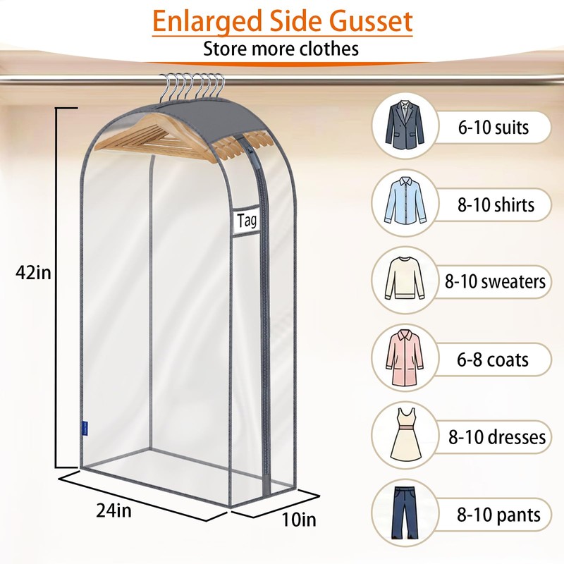 roomtalk Clear Garment Bags for Hanging Clothes 10" Side Gusset,
