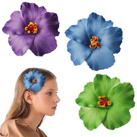 JazSwirl Hawaiian Flower Hair Clips for Women, 3/4/5/6 Pack Tropical Plumeria Hair Clip, Hibiscus Flower Clips for Hair, Beach Floral Hair Accessories (Purple + Blue + Green)