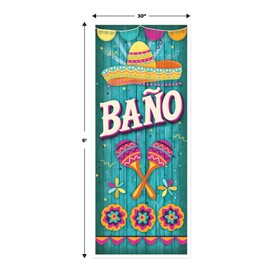 Beistle Baño Door Covers, 2-Count, Fiesta Party Decorations with Mexican-Inspired Design, Bright Sombrero and Maracas Print, Restroom Sign for Cinco de Mayo, Taco Night and Holidays, 6’ x 30”