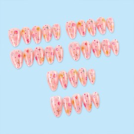 30Pcs Short Press on Nails Cute Almond Fake Nails Pink Peach Color Acrylic False Nails with Heart Designs Starry Summer Glue on Nails Reusable Glossy Stick on Nails for Women DIY Manicure Art