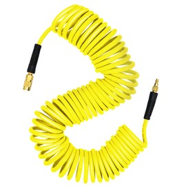 YOTOO Polyurethane Recoil Air Hose 3/8" Inner Diameter by 50' Long with Bend Restrictor, Repairable 1/4" Industrial Quick Coupler and Plug, Yellow