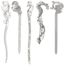 SUNNYCLUE 10Pcs 5 Styles Alloy Bookmarks Silver Metal Bookmark Animal Vintage Chinese Style Hairpin Stripe Bookmarkers Fox Peacock Hook Tibetan Book Markers for Reading Teachers Students Friends Gifts