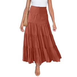 HAEOF Women's Summer Flowy Boho Maxi Skirt Casual Drawstring Elastic High Waist Pleated Tiered A Line Beach Long Skirts(Caramel, M)