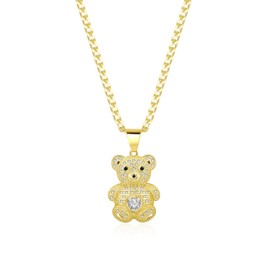 Street-Style 14K Gold Cuban Chain Necklace with Bear Charm Anti-Tarnish Hip-Hop Jewelry for Men & Women - Christmas Present