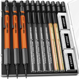 Four Candies Juego de 3 lápices mecánicos de 1.3mm con estuche, lápices de metal resistentes para carpinteros con 72 recambios (rojo, negro, amarillo) 3 borradores, 16 recambios de borradores, cuerpo
