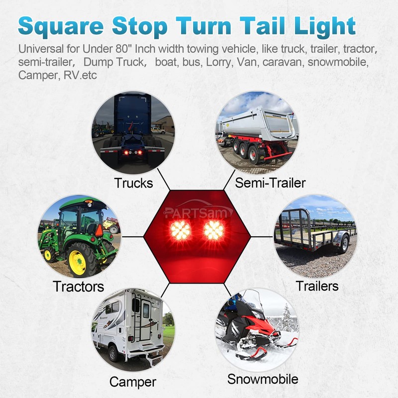 Partsam 2pcs Waterproof Square Led Trailer Light Kit Red LED