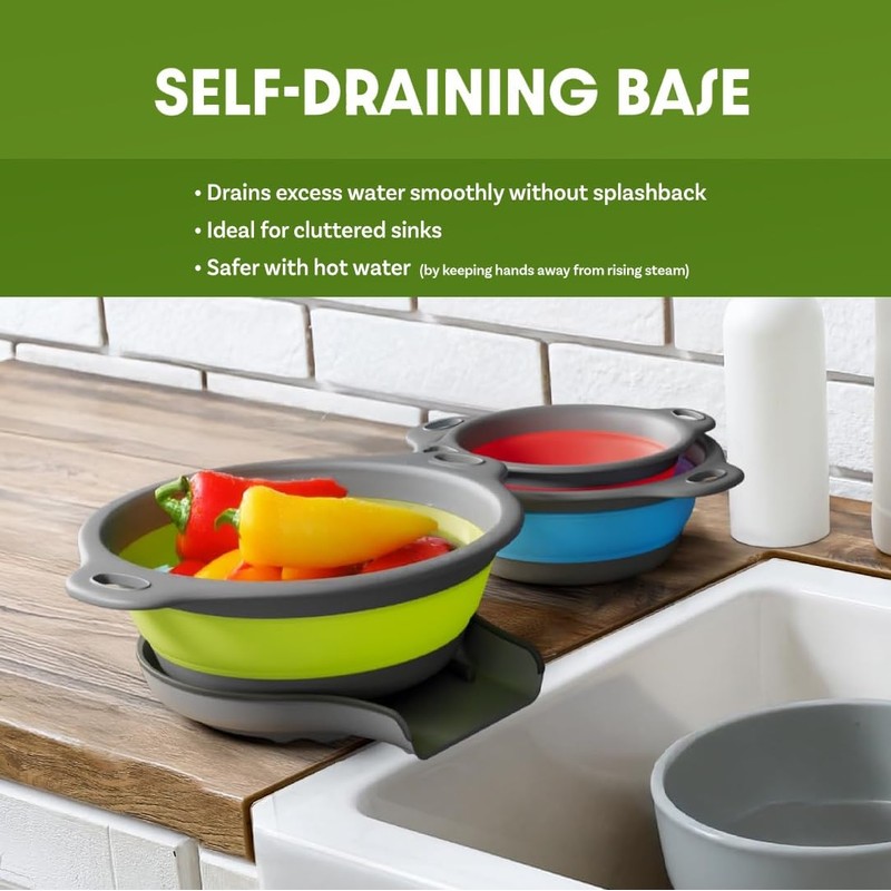 Gevoli Collapsible Colanders with Self-Draining Base for Edge of Sink,