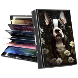 GFRGTFHYT Credit Card Holder, Mini RFID Blocking Metal Card Wallet for Women Men Girls Slim ID Card Holders Protector Aluminum Business Hard Cards Case Travel Wallet Shell, Boston Terrier Dog