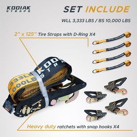 KODIAK STRAPS Adjustable Vehicle Tire Tie Down Straps Kit– 4pk Heavy Duty Tire Straps with Snap Hooks 10,000 lbs. Working Load 3333 lbs. Lasso 4 x Tow Strap Kit for Car, Truck, ATV Towing Accessories