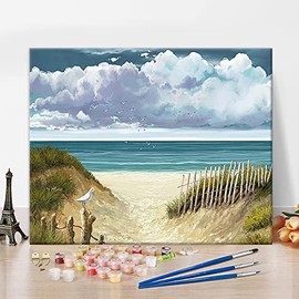 TISHIRON Painting by Numbers Kits, Beach Painting by Numbers for Adults Beginners, DIY Blue Natural Landscape with Sea Birds Paint by Numbers, 16x20 Inch Paint by Numbers for Home Decor Without Frame