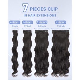 Looxey Clip in Hair Extensions for Women, 7 PCS Long Wavy Curly Clip on Hair Extensions 20 Inch Black Soft Synthetic Hairpieces Thick Double Weft Wavy Hair Piece Daily Use