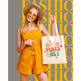 AUSVKAI Canvas Tote Bag Aesthetic for Women Cute Grocery Bag Cotton Beach Totes Gift-Good Vibes Only