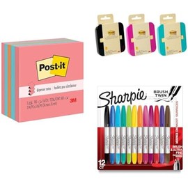 Post-it Notas Adhesivas Pop Up, 7.6 cm x 7.6 cm, 5 pads, 100 hojas por pad +Post-it Dispensador de Notas Adhesivas Pop Up+Sharpie Brush - Rotuladores permanentes surtido de 12 unidades