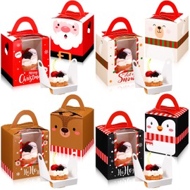 24 Pcs Christmas Cupcake Boxes Christmas Cookie Boxes with Window Insert Handle Christmas Muffin Pastry Holder Boxes Xmas Cupcake Gift Box Bakery Treat Boxes for Christmas Party (Bear)