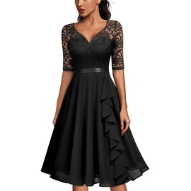 MISSMAY Women's V-Neck Floral Lace Elegant Style Half Sleeve Bridesmaid Party Dress Black