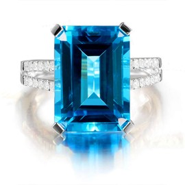 Uloveido Platinum Plated Emerald Cut Simulated Large Blue Topaz Women's Rectangular Birthstone Engagement Ring Y925 (Size 7)