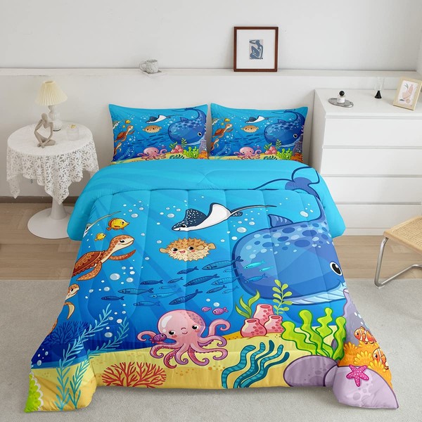 Marine Animals Comforter Set Twin,Shark Octopus Turtle Coral Bedding Set,Underwater World Cartoon Quilt Set 2Pcs for Kids Teens Adults Room Decor,Sea Blue Duvet Insert with 1 Pillowcase