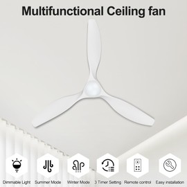 ocioc 52 inch Ceiling Fans with Lights and Remote, Dimmable Ceiling Fans with Reversible Quiet DC Motor, Flush Mount, 3CCT, White Ceiling Fan for Bedroom Living Room Indoor/Outdoor