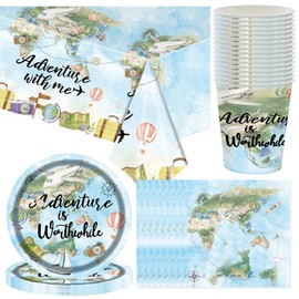 BZQCPLX 85Pcs Adventure World Awaits Map Party Supplies Adventure World Party Tableware, Adventure Theme Tableware Set,Plates Cups Napkins Tablecloth, for Kids Party Decoration (16 Guests)