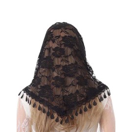 Foyte Triangle Lace Veil Chapel Veil Mantilla Veils Catholic Church Tulle Latin Mass Head Covering for Women and Brides (Black)