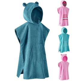 MissShorthair Towel Poncho for Kids, Hooded Beach Towel for Girl&Boy, Surf Poncho Swim Changing Robe Microfiber Bath Towel 10-13 Years Bear Lyons Blue