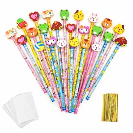 JZK 24 x School HB Pencils Set with Eraser Animals, Flowers, Sun, Butterfly etc, for Birthday Party Bag, Children's Party Favour