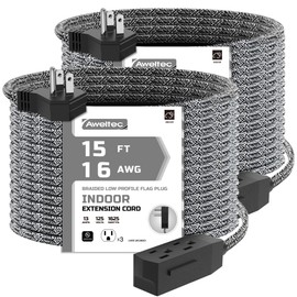 AWELTEC 2 Pack Extension Cord 15 FT with Braided Low Profile Flat Power, 3 Power Outlets, 16/3 SPT-2 UL Listed, Black/White