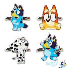 LUV HER Bluey Kids Jewelry: 4-Piece Adjustable Rings for Girls, Ring Sets with metal charm Fashion Girls Jewelry Ages 3+