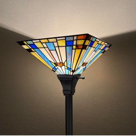 Capulina Tiffany Torchiere Floor Lamp 70 Inches Tall Industrial Pole Green Blue Rustic Style Stained Glass Torch Standing Light Decor for Living Room Bedroom Farmhouse Home Office