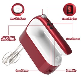 Yomelo 9-Speed Digital Hand Mixer Electric, 400W Powerful DC Motor, Baking Mixer Handheld with Snap-On Storage Case, 5 Stainless Steel Accessories, Flat Beaters, Dough Hooks, Whisk (Red&White)