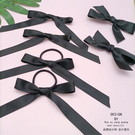 OWIEOW Cute Stylish Bowknot Long Ribbon Large Satin Hair Elastic Black Red Pink Pony Tail Hair Accessory Hair Ornament Hair Clip Hairpin Party Graduation Wedding (2/Black)