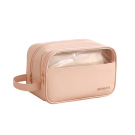 Portable Waterproof Makeup/Cosmetic/Toiletry Bag with Golden Zipper for Women Girls/Wide Open PU Leather Organizer Pouch with Side Handle/Travel Essentials/Storage Nail Polish and Skincare