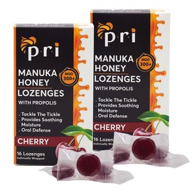 P.R.I Manuka Honey Lozenges with Propolis, Soothing Cough and Throat Drops, MGO 300+ Certified (Cherry, 16 Count/2 Pack)
