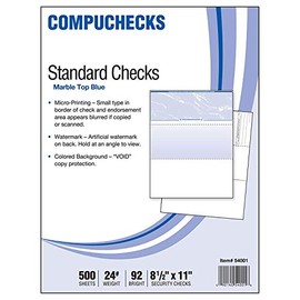 Compuchecks Check on Top Blank Check Paper - 500 Pack, Quick-Books & Laser Printer Compatible - Security Business Checks with Voucher - 8.5" x 11" Blue Marble