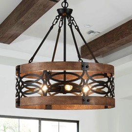 Faibra 6-Light Farmhouse Drum Wood Pendant Light,19.7'' Vintage Rustic Brown Oak Wood Chandeliers,Retro Industrial Hanging Light Fixtures for Dining Room Entryway, Bedroom