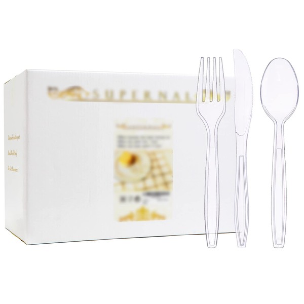 Supernal 360pcs Plastic Silverware, Clear Plastic Cutlery, Crystal Flatware, Heavy Weight Silverware, Plastic Forks and Spoons, Plastic Knives Disposable Suit for Birthday, Party, Daily Use