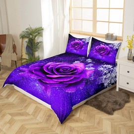 Purple Rose Bedding Double Galaxy Flower Bedding Girls Blossom Rose Duvet Cover Set for Ladies Women Teens Flpral Bedding Set Romantic Digitally Printed Luxurious, with 2 Pillowcase